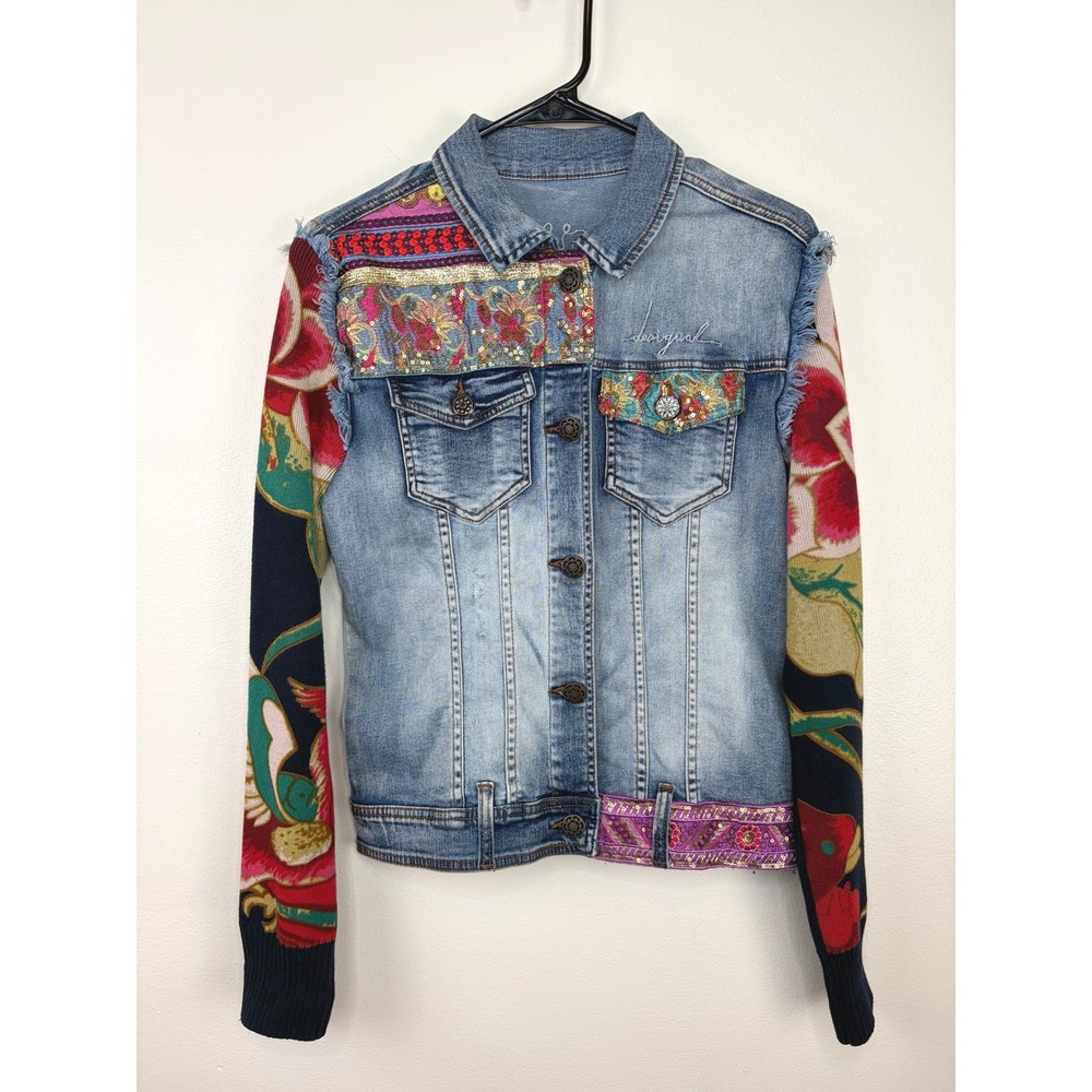 Desigual Denim Ethnic Deluxe Jacket Knit Floral Sleeves Sequin Embroidered EU 40 - Picture 2 of 9